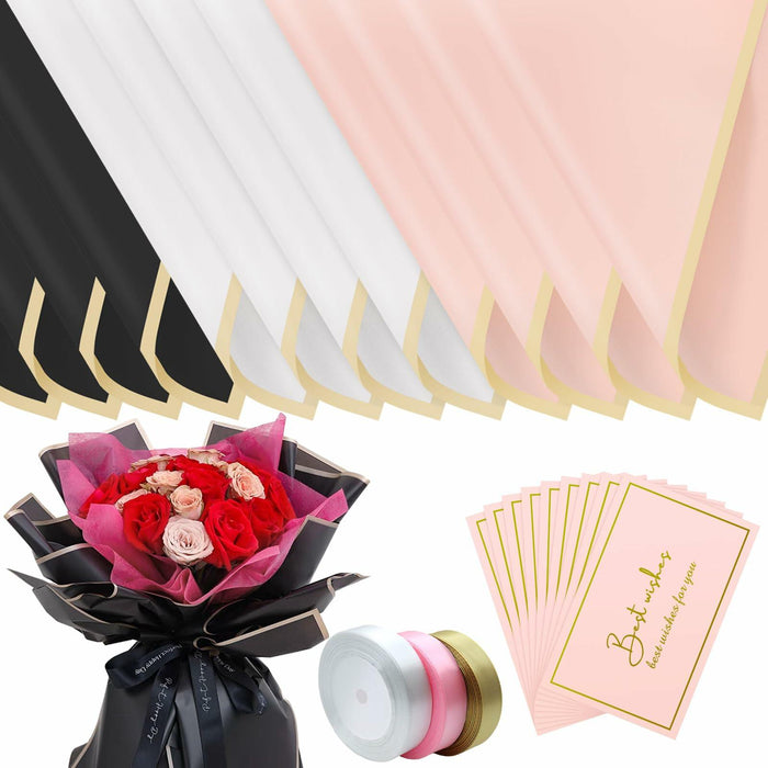 LOTMER 30 Sheets Flower Wrapping Paper, 3 Colors with 3 Ribbons & 30 Cards by Deal US