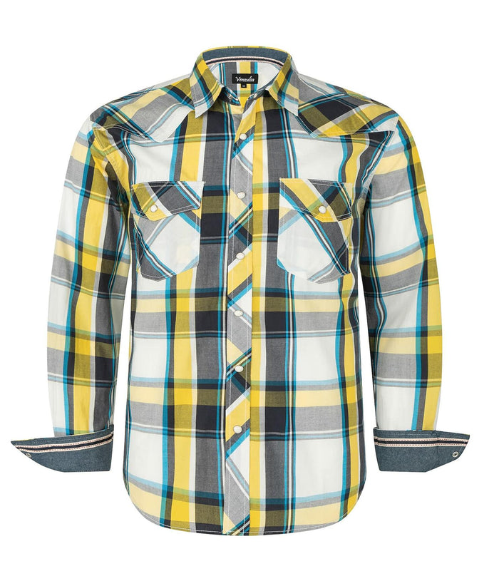 VENZULIA Men's Western Snap Long Sleeve Plaid Shirt White Size 2XL by Deal US
