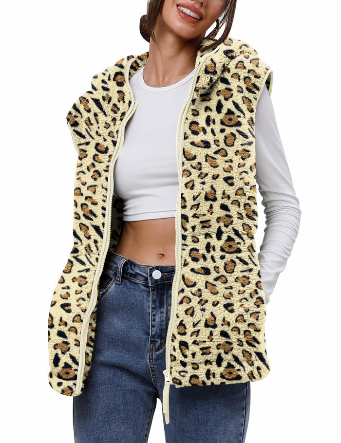 TFSDOD Womens Fuzzy Sherpa Fleece Vest Cozy Sleeveless Sweater White Leopard XXL by Deal US