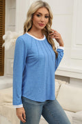 ZOOMOON Women's Blue Long Sleeve Tunic Top L Casual Pleated Front Crewneck by Deal US
