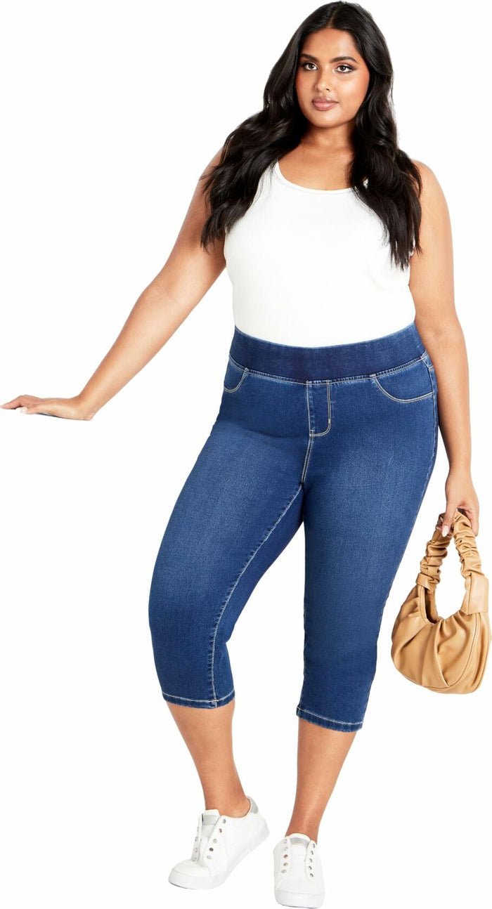 Avenue Women's Plus Size Pull On Cropped Denim Legging Mid Wash by Deal US
