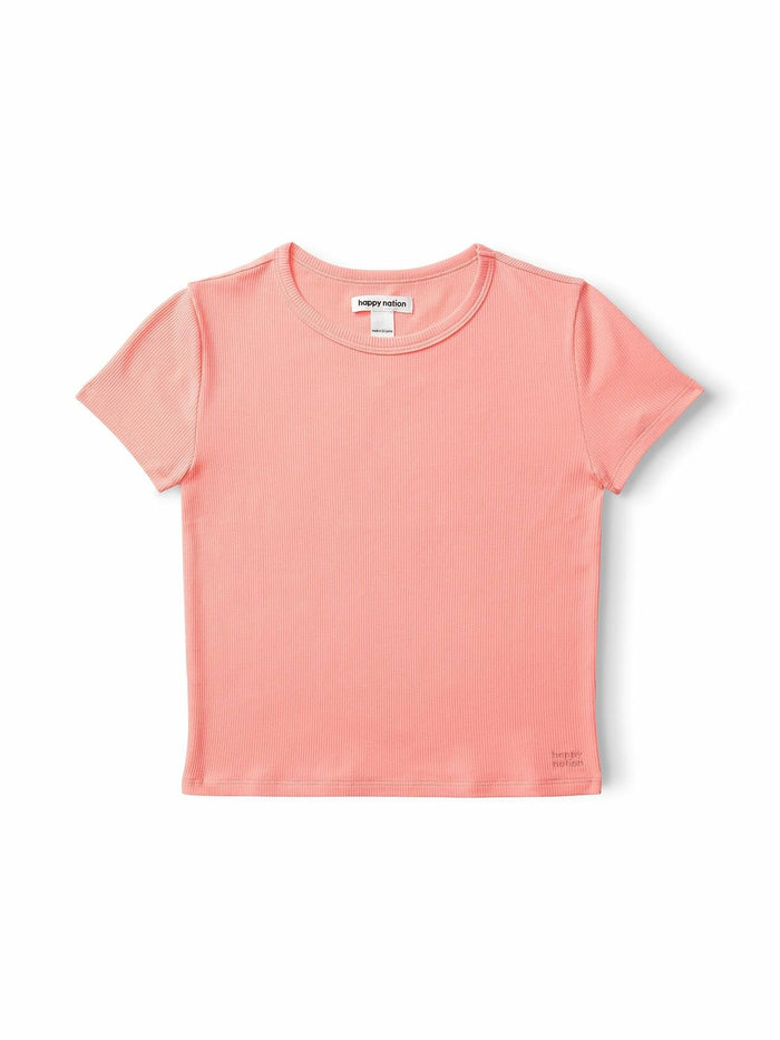 Happy Nation Ribbed Crop T-Shirt Peach Cosmo Large New Stylish Fit by Deal US