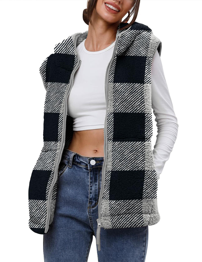 TFSDOD Womens Fuzzy Sherpa Fleece Vest Cozy Sleeveless Sweater Plaid- Size M by Deal US