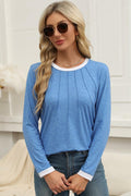 ZOOMOON Women's Blue Long Sleeve Tunic Top L Casual Pleated Front Crewneck by Deal US