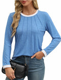 ZOOMOON Women's Blue Long Sleeve Tunic Top L Casual Pleated Front Crewneck by Deal US