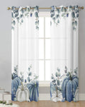Thanksgiving Pumpkins Eucalyptus Sheer Curtains 84in 2 Panels Blue White by Deal US