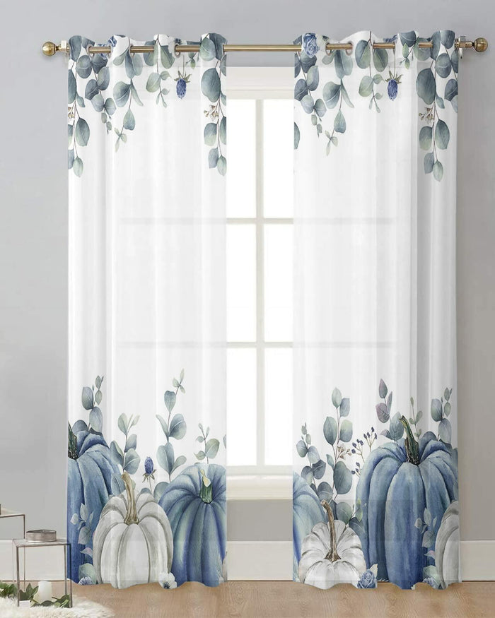 Thanksgiving Pumpkins Eucalyptus Sheer Curtains 84in 2 Panels Blue White by Deal US