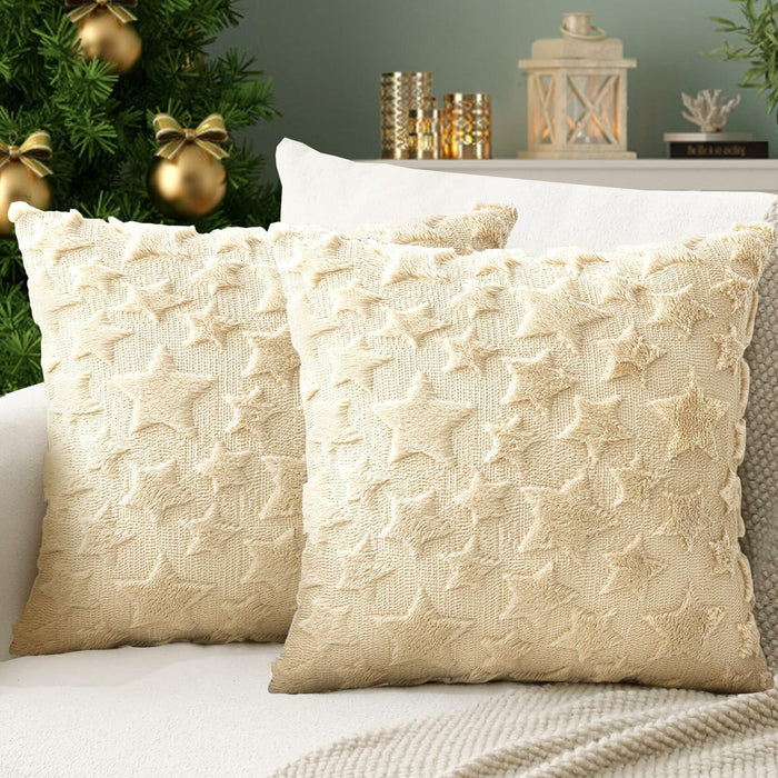 Set of 2 Christmas Pillow Covers 18x18 Cream Beige Plush Velvet Soft Throw by Deal US