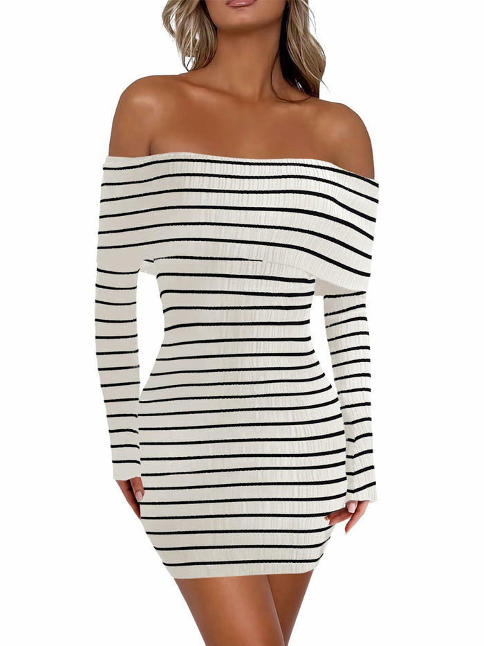 Wenrine Womens Off Shoulder Knit Mini Dress White Casual Bodycon Long Sleeve by Deal US