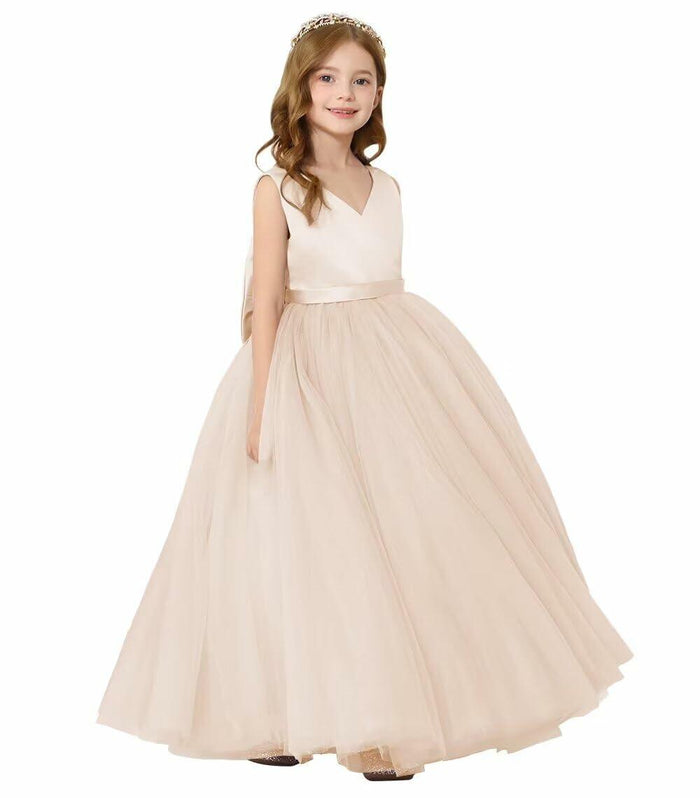 JISISANG Toddler Satin Tulle Dress Champagne Bow-Knot Flower Girl - Size 2 by Deal US