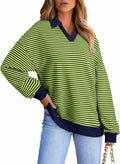 AlvaQ Womens Blue Colorblock Striped Sweatshirt V-Neck Lapel Size M by Deal US