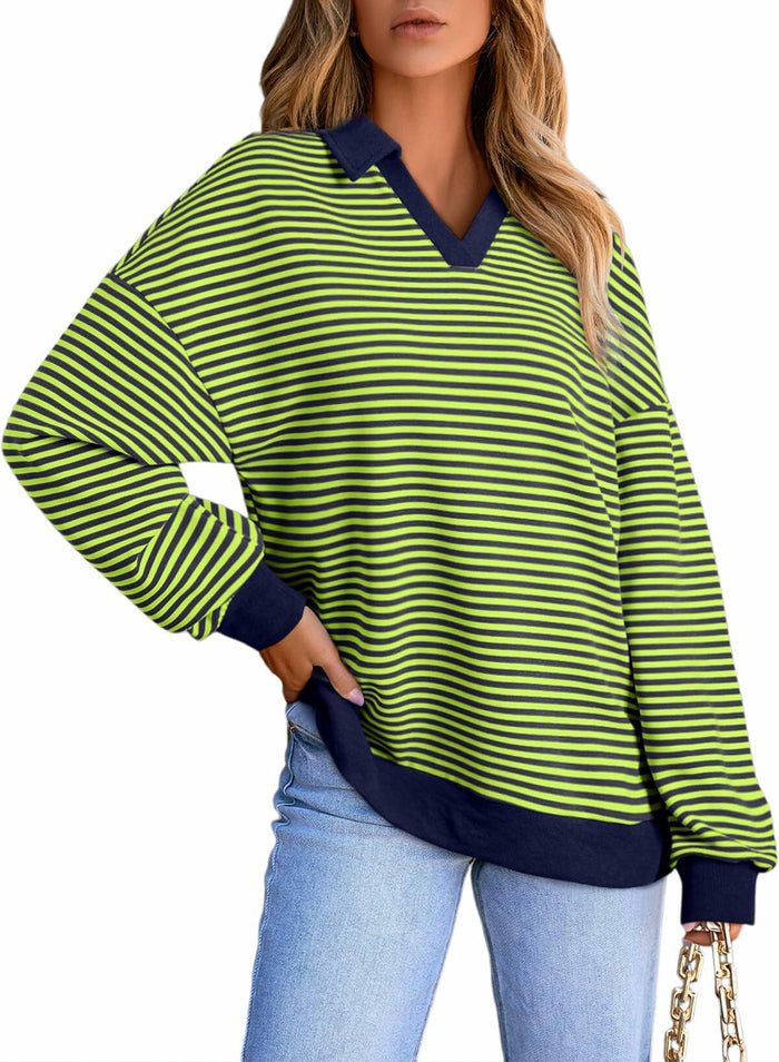 AlvaQ Womens Blue Colorblock Striped Sweatshirt V-Neck Lapel Size M by Deal US