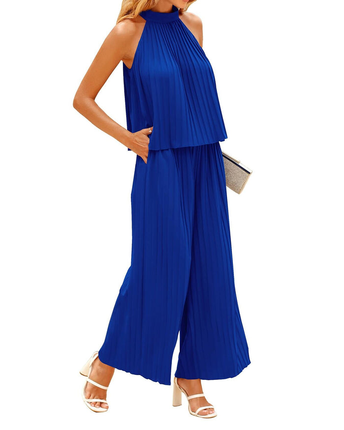 dowerme Women's 2PC Set Halter Neck Sleeveless Top & Pants Dark Royal Blue - S by Deal US