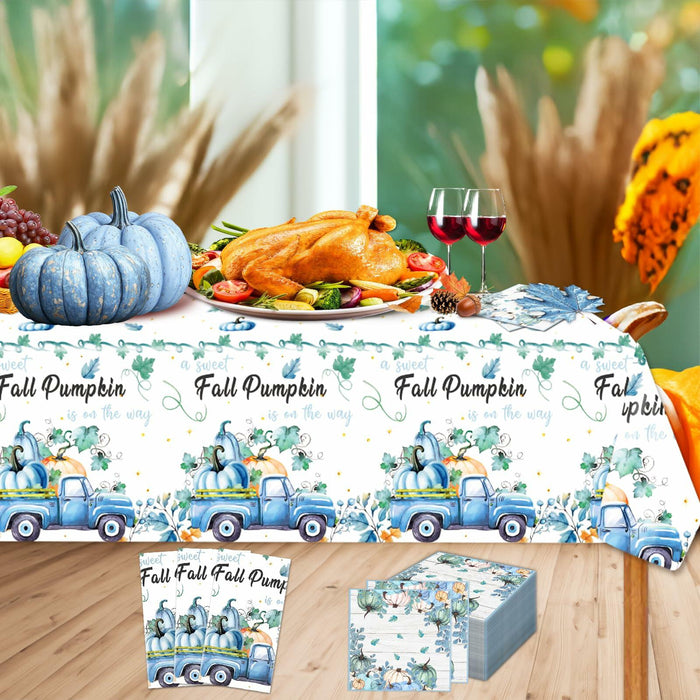 3 Pc Blue Fall Thanksgiving Tablecloth Set 54x108in + 60 Napkins Disposable by Deal US