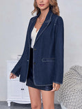 Fisoew Womens Denim Blazer Jacket Long Sleeve Blue Single Breasted - Medium by Deal US
