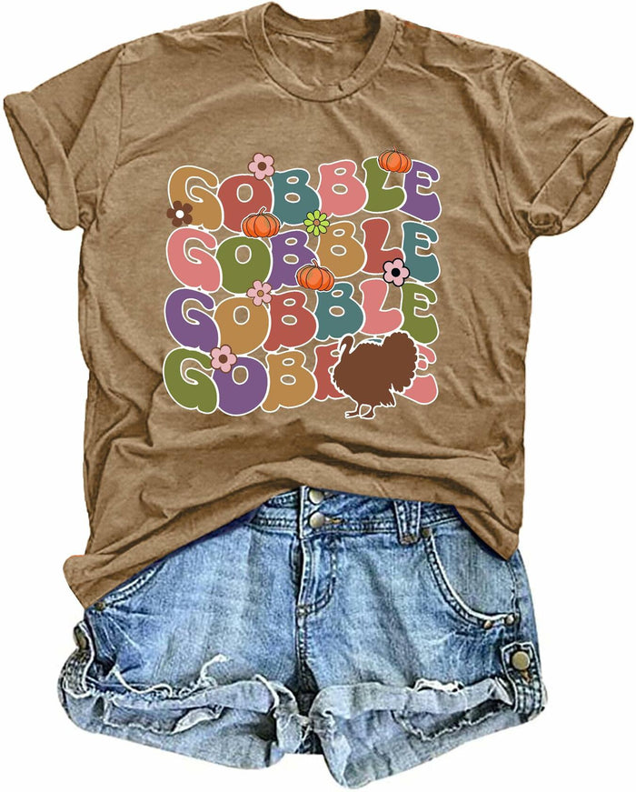 Gobble Gobble Women's Thanksgiving Shirt Khaki Short Sleeve Cute Graphic XL by Deal US