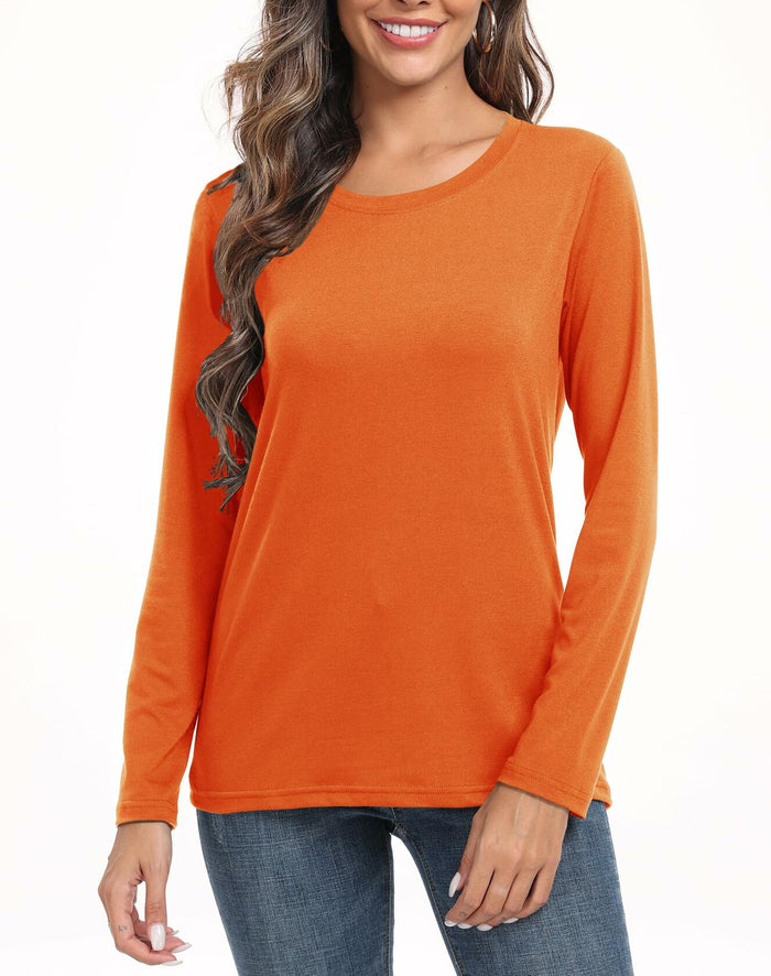 PRIMODA Women's Long Sleeve Shirt Orange S Cotton Blend Crew Neck Basic by Deal US