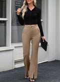 EVALESS Women's Khaki High Waisted Stretchy Flared Work Pants Medium by Deal US