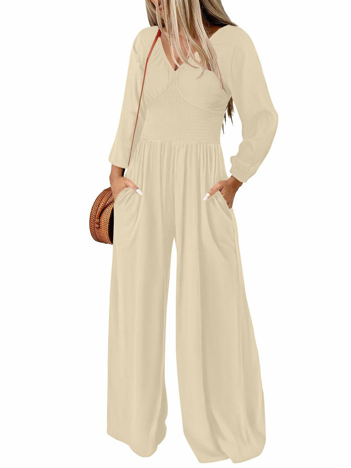 Tanou 2024 Women's Rose Red Smocked Long Sleeve Jumpsuit Romper L by Deal US