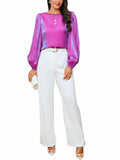 MakeMeChic Women's Satin Lantern Sleeve Round Neck Blouse Purple S Long Sleeve by Deal US