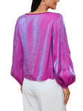 MakeMeChic Women's Satin Lantern Sleeve Round Neck Blouse Purple S Long Sleeve by Deal US