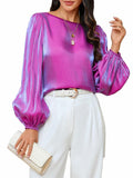 MakeMeChic Women's Satin Lantern Sleeve Round Neck Blouse Purple S Long Sleeve by Deal US
