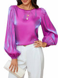 MakeMeChic Women's Satin Lantern Sleeve Round Neck Blouse Purple S Long Sleeve by Deal US