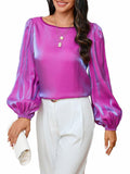 MakeMeChic Women's Satin Lantern Sleeve Round Neck Blouse Purple S Long Sleeve by Deal US