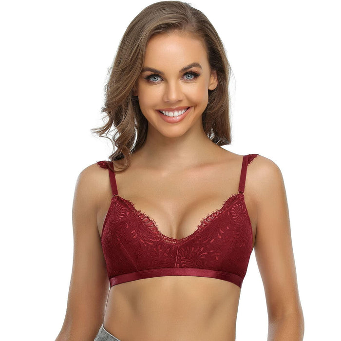 SHEKINI Wireless Padded Lace Bralette Women Size M Wine Red Wireless Bra by Deal US
