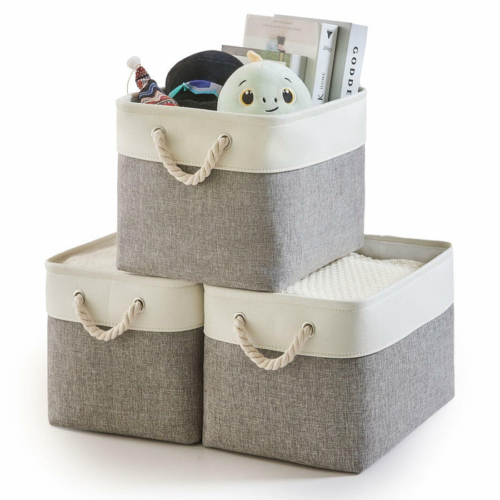 HOdo Home 3PCS Fabric Storage Bins 15x11x9.5in White Grey Collapsible Cubes by Deal US