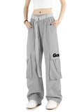 GOLYOY Women's Cargo Pants Grey Adjustable High Waist Baggy Wide Leg Size L by Deal US