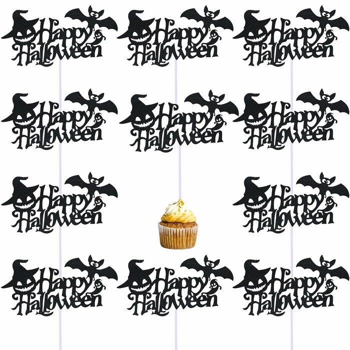 Totelux Halloween Cake Toppers 10Pcs Black Pumpkin Bat Ghost Glitter by Deal US