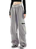 GOLYOY Women's Cargo Pants Grey Adjustable High Waist Baggy Wide Leg Size L by Deal US