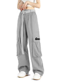 GOLYOY Women's Cargo Pants Grey Adjustable High Waist Baggy Wide Leg Size L by Deal US