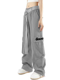 GOLYOY Women's Cargo Pants Grey Adjustable High Waist Baggy Wide Leg Size L by Deal US