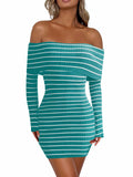 Wenrine Womens Off Shoulder Knit Mini Dress Blue Bodycon Long Sleeve Size S by Deal US
