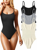 Women's 3 Pc Ribbed Adjustable Spaghetti Strap Bodysuits Black Grey Beige - L by Deal US
