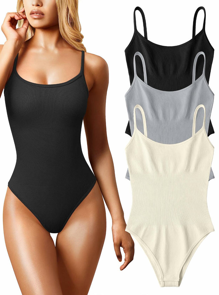 Women's 3 Pc Ribbed Adjustable Spaghetti Strap Bodysuits Black Grey Beige - L by Deal US
