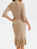 Wenrine Womens Khaki Striped V Neck Sweater Dress Midi Knit Size S by Deal US