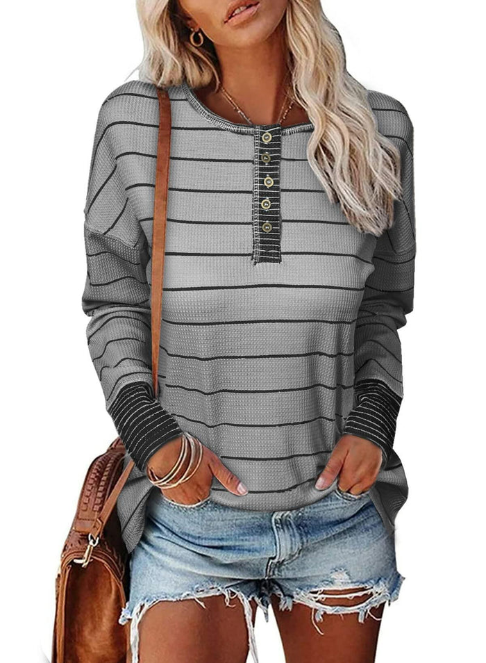 EVALESS Womens Brown Waffle Knit Henley Top Long Sleeve Size XS by Deal US