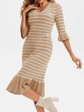 Wenrine Womens Khaki Striped V Neck Sweater Dress Midi Knit Size S by Deal US