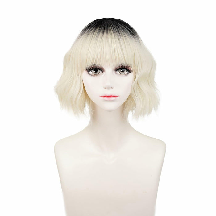 LABEAUTÉ Synthetic Short Wavy Blonde Black Ombre Bob Wig with Bangs by Deal US