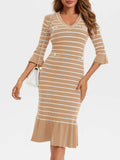 Wenrine Womens Khaki Striped V Neck Sweater Dress Midi Knit Size S by Deal US