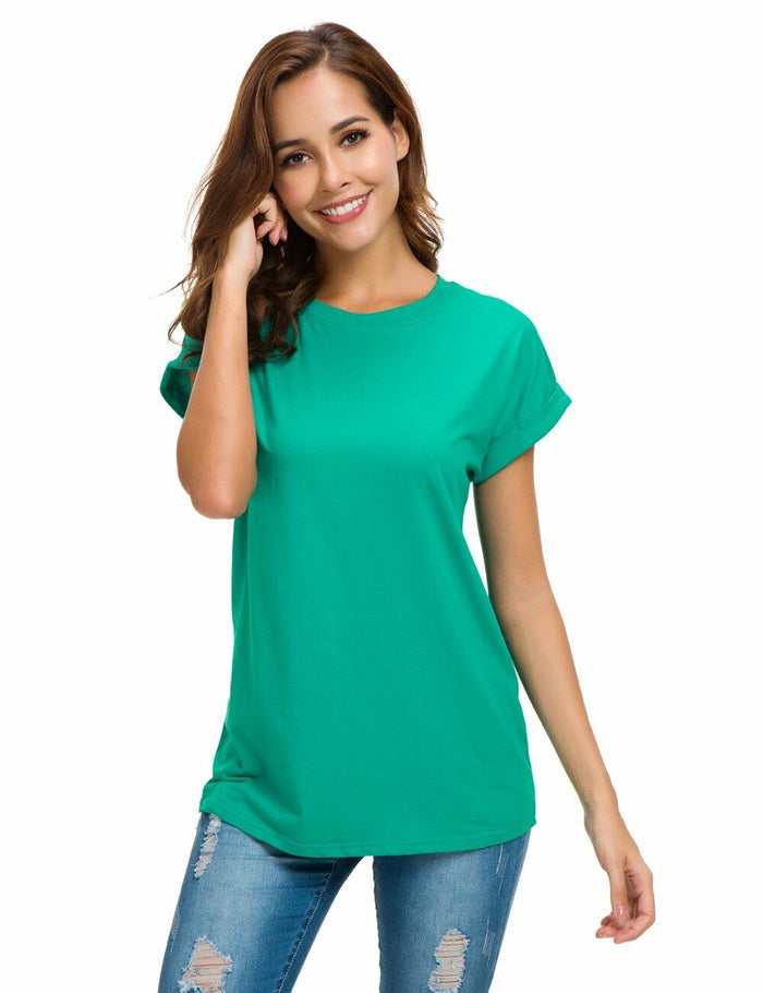 MSHING Women's Simple Crew Neck Loose Lake Green T-Shirt Size L by Deal US