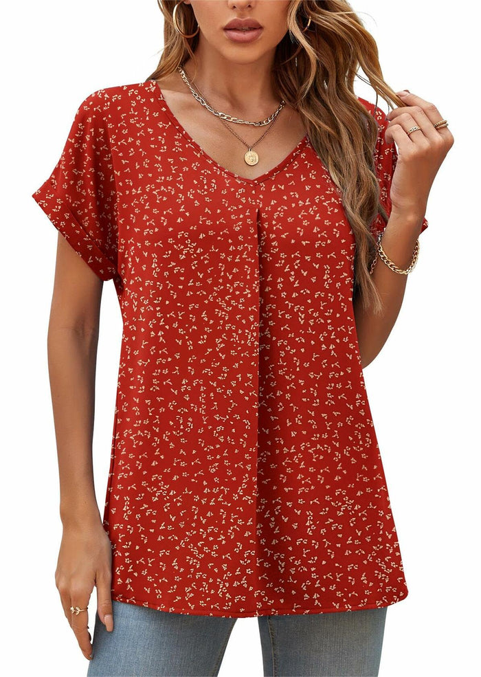 QUEZHU Women's V Neck Short Sleeve Chiffon Blouse Wine Red Size Small by Deal US