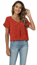 QUEZHU Women's V Neck Short Sleeve Chiffon Blouse Wine Red Size Small by Deal US