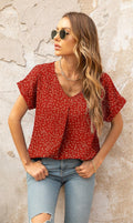 QUEZHU Women's V Neck Short Sleeve Chiffon Blouse Wine Red Size Small by Deal US