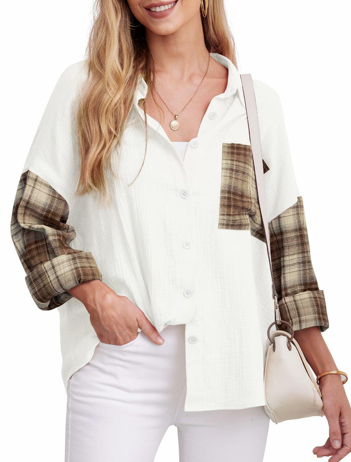 HWOKEFEIYU Cotton Button Down Shirt Women Casual Brown Grid Size S by Deal US