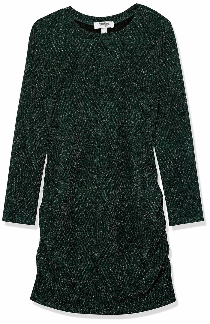 Speechless Girls' Long Sleeve Glitter Knit Ruched Party Dress, Hunter, 7 by Deal US