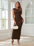 XinFSh Women Plus Size Formal Maxi Dress Cap Sleeve Crew Neck Brown - Size L by Deal US
